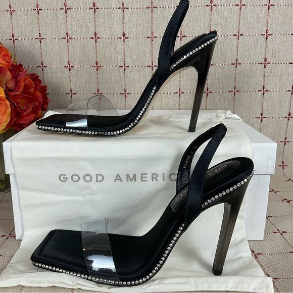 Good American Satin Strappy Heels Square Toe Sz 8.5 Black Satin & Rhinestones - Picture 6 of 7
